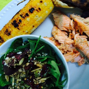 Fresh trout, roasted corn and spring salad